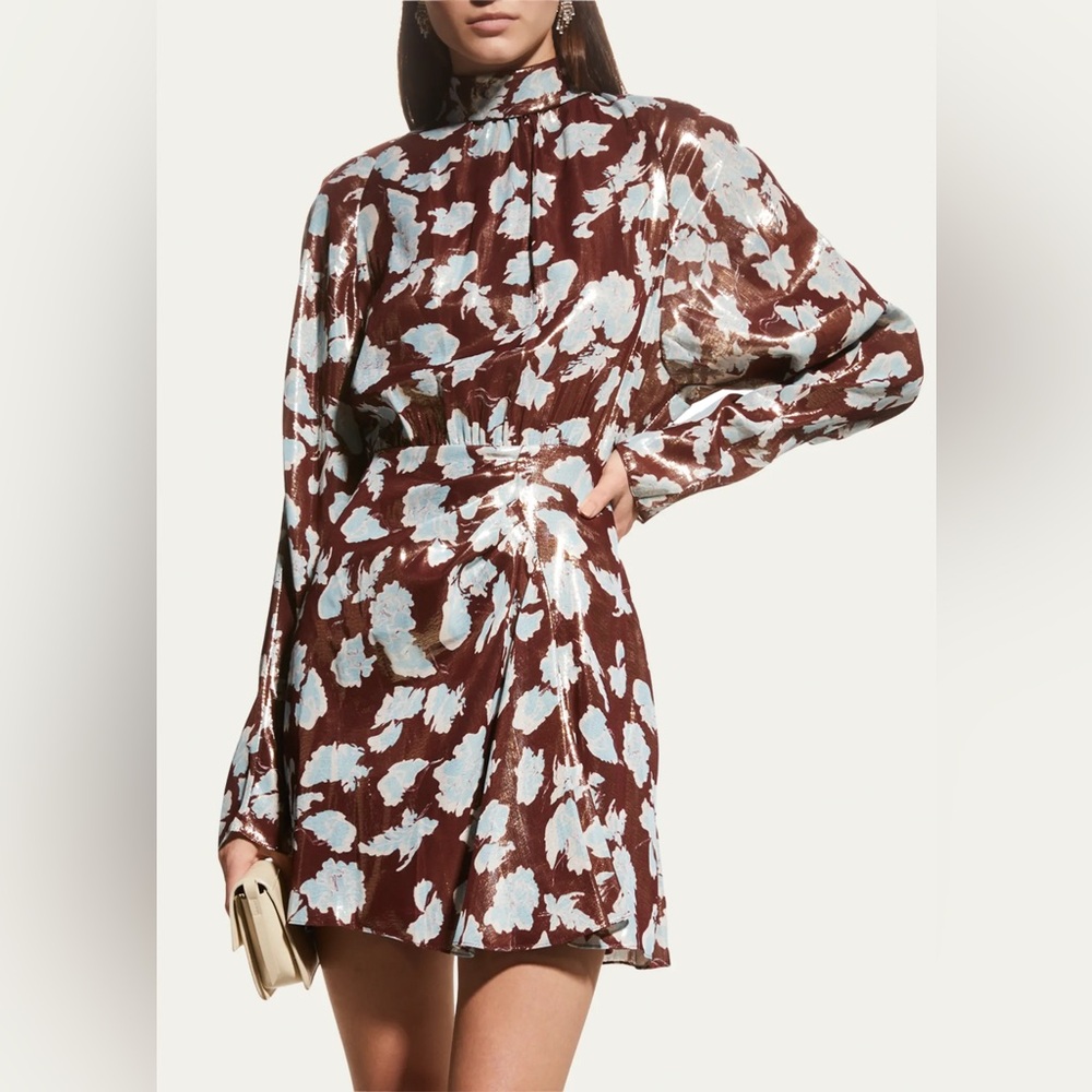 Hannah Floral Silk Lame Metallic Mini Dress